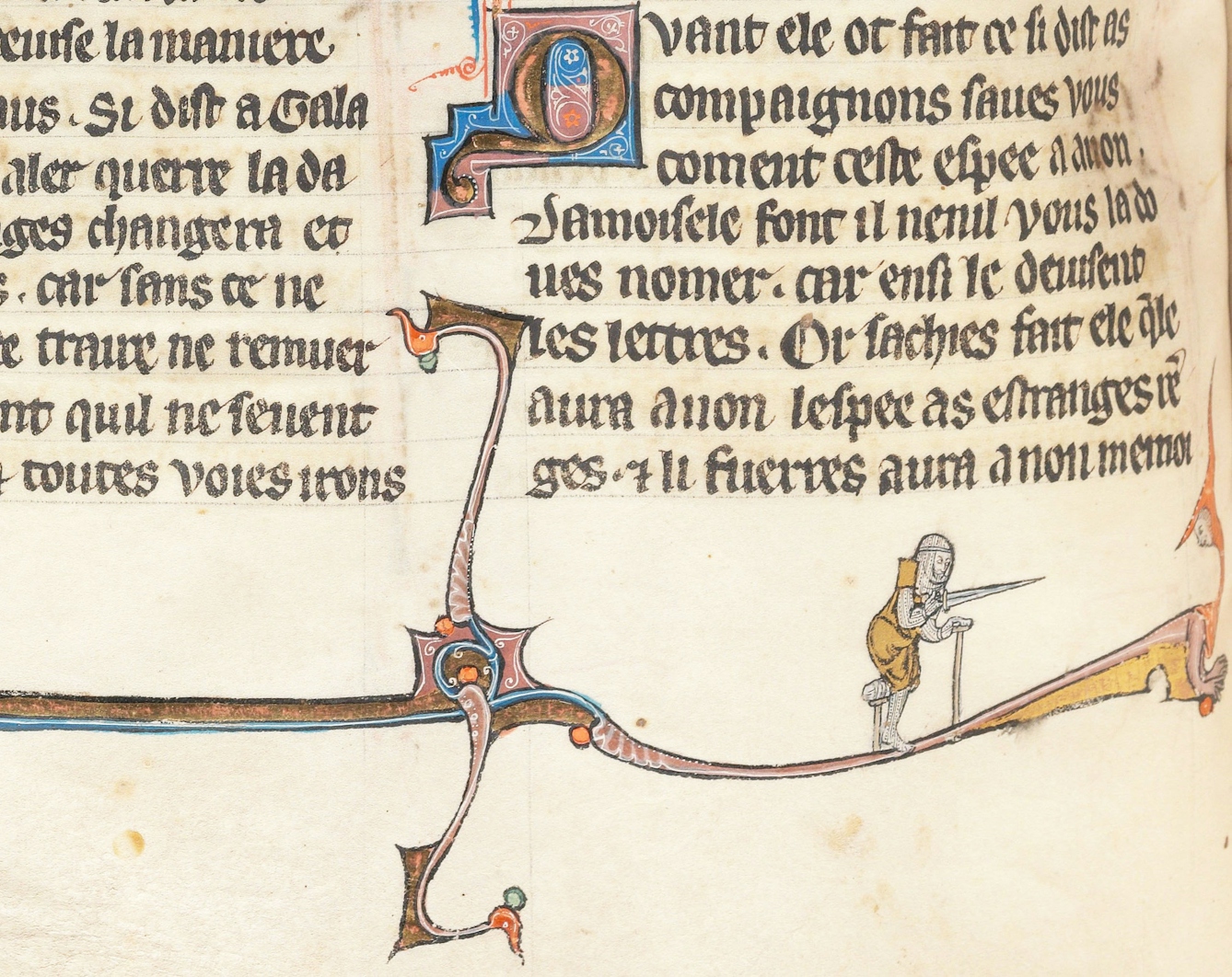 Detail view of a page from a French 13th century manuscript containing two columns of decorative latin text. Below the txt a small figure of a medieval knight with an amputated leg balances on a decorative pattern. The bangaged stump of his leg rests on a wooden support while holding a sword in one hand and leans on a wooden staff in the other.