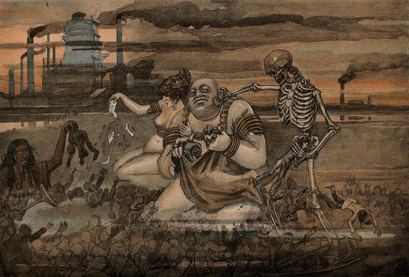 A man and woman, semi-nude but bedecked with jewellery, accompanied by a skeletal representation of Death, are kneeling on a representation of the poor: in the background are factories with smoking chimneys.
