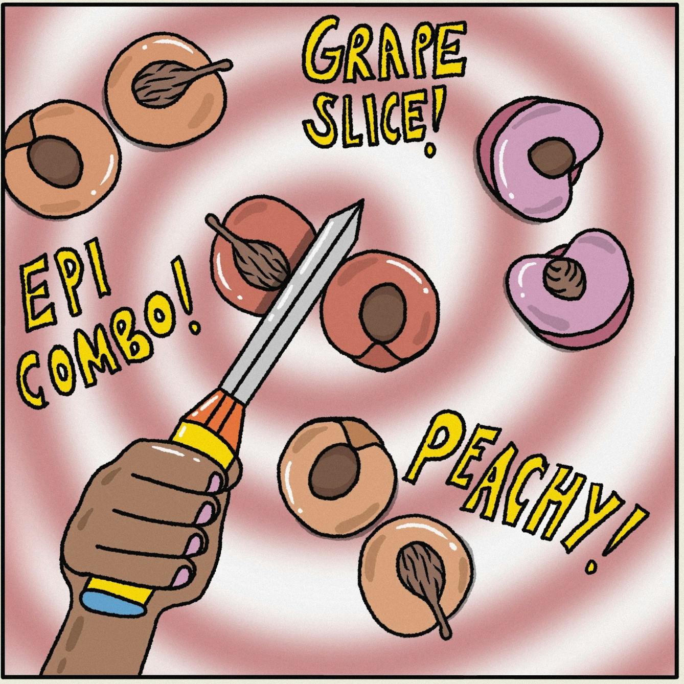 Panel 4 of a digitally drawn, four-panel comic titled ‘Overpowered’. Using your weapon, you’re destroying all the fruit. The text reads ‘GRAPE SLICE!’, ‘EPI-COMBO!’ and ‘PEACHY!’ 