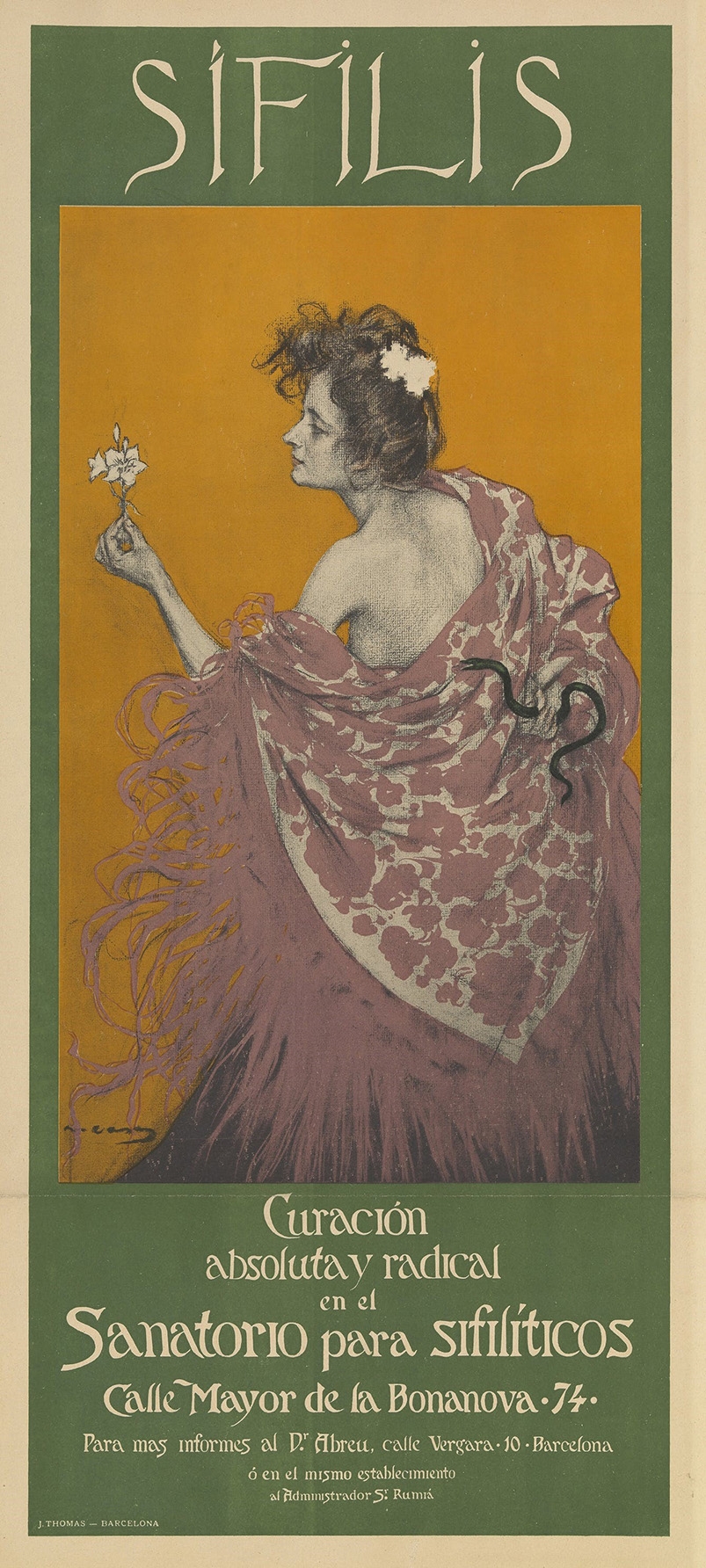 A woman representing syphilis. She holds a lily in front of her, presumably to give the appearance of innocence. On her back however, knotted into her shawl, is a snake. In the lettering, the s's of the word Sífilis are also in the form of a snake