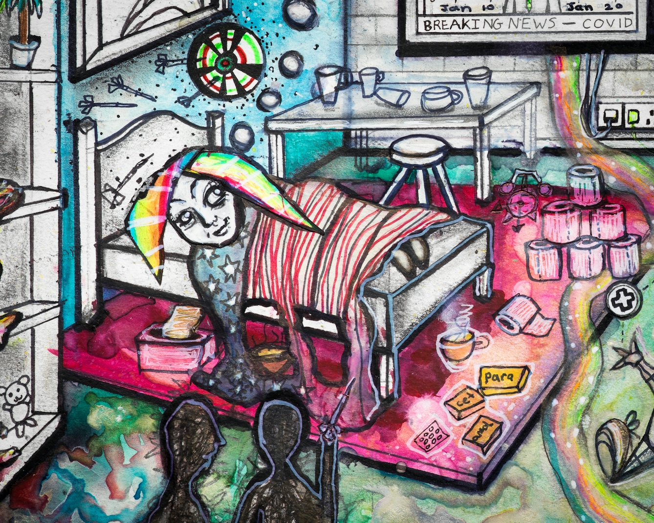 Artwork using watercolour and ink incorporating collaged words throughout the scene. The artwork shows a busy multi-coloured room. On the left hand side of the image a woman with rainbow coloured hair is lying in bed.  On the floor there are: packets of paracetamol; toilet rolls; and a toy clown juggling first aid, corona virus and pound symbols. In the foreground the silhouette of two people stand together at a distance from the bed.