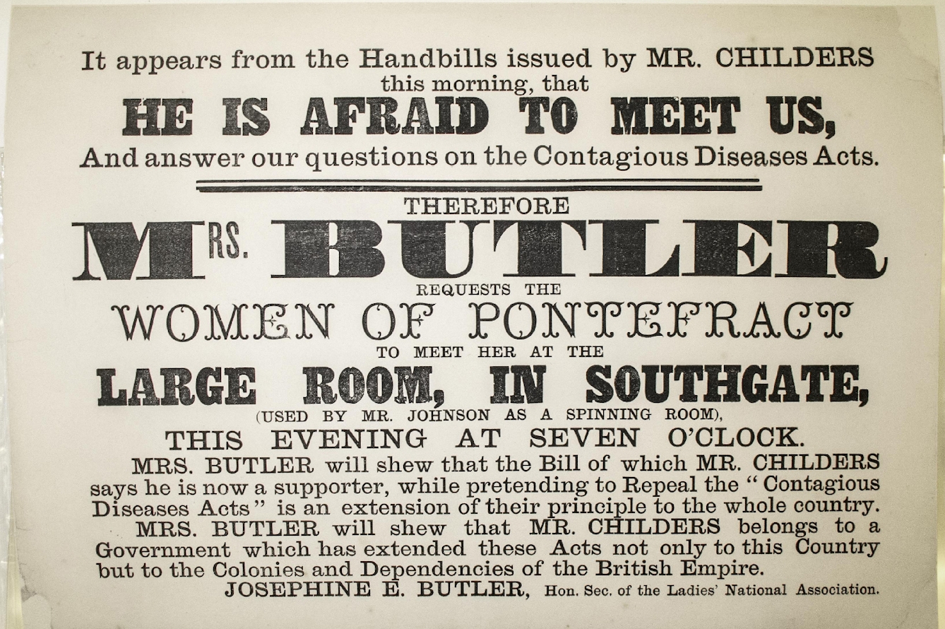 A handbill printed in black type iwth several font styles and sizes about a public meeting held by Mrs Butler for the women of Pontefract about the Contageous Diseases Acts