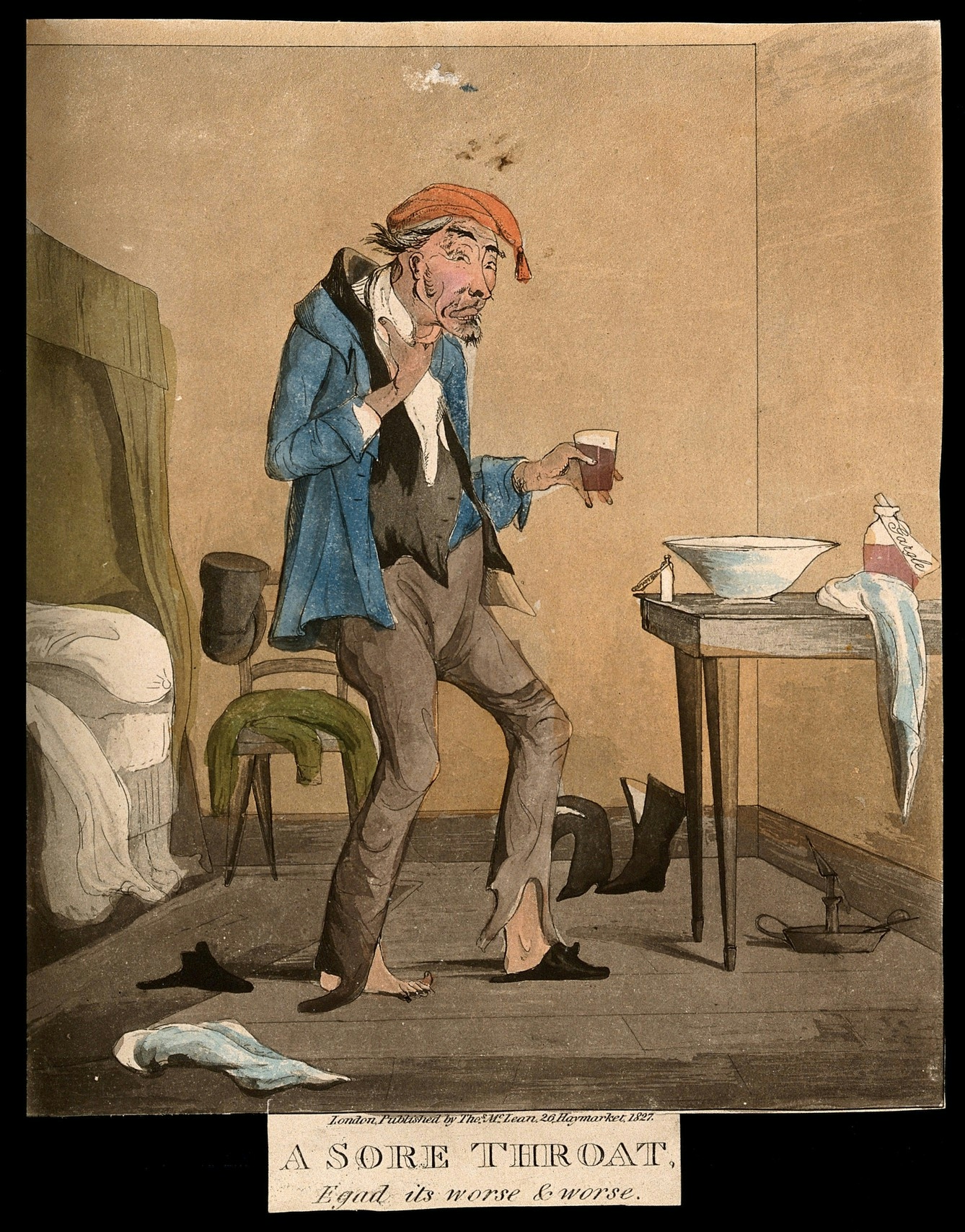 In ink drawing of an elderly man grasping his throat and holding a drink