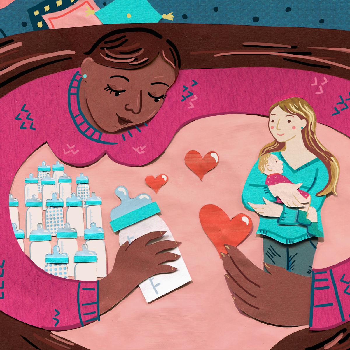 A mixed media illustration depicting a black mother with her arms outstretched. In one arm there are stacks of baby bottles full with milk, with one bottle being held in her hand. Wrapped in the other arm is a white mother carrying a child. Between the two arms there are small love hearts.