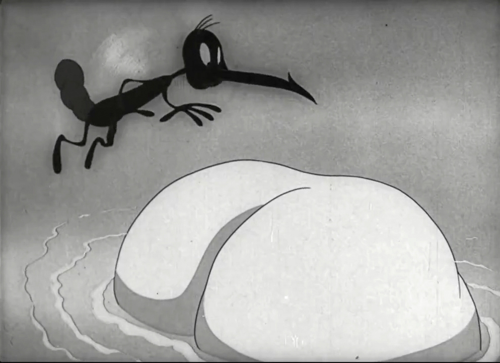 Black and white still image from the film 'Private SNAFU vs. Malaria Mike', showing Malaria Mike hovering above the exposed buttocks of Snafu, who is bathing in a forest pool.