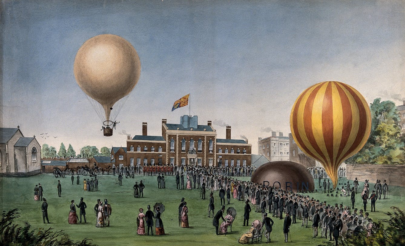 Gouache painting depicting the Honourable Artillery Company's grounds with crowds and two hot air balloons rising.