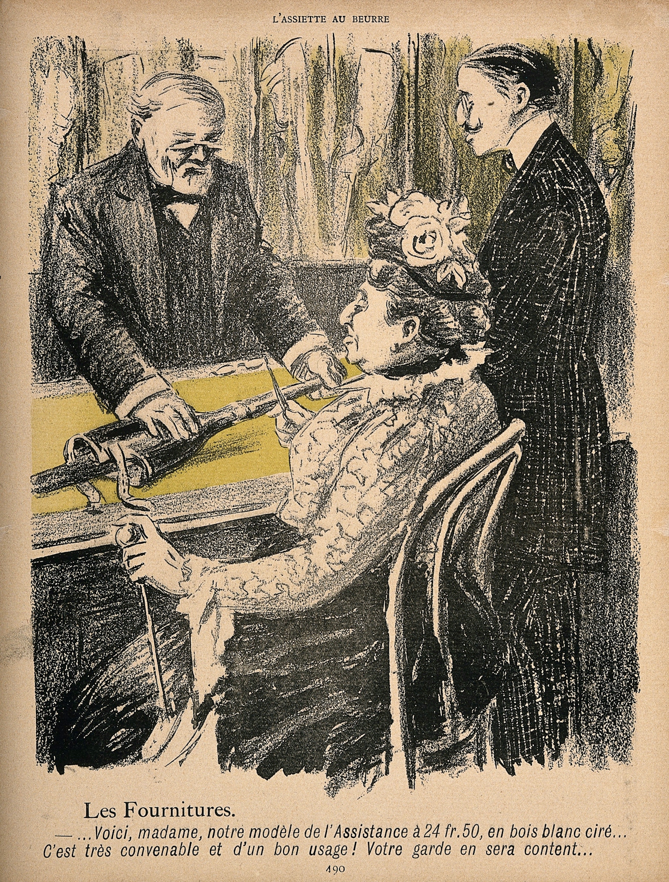 A sketched cartoon in which a woman sits in front of a man who is holding a prosthetic leg whilst she holds up pince nez to look more closely.