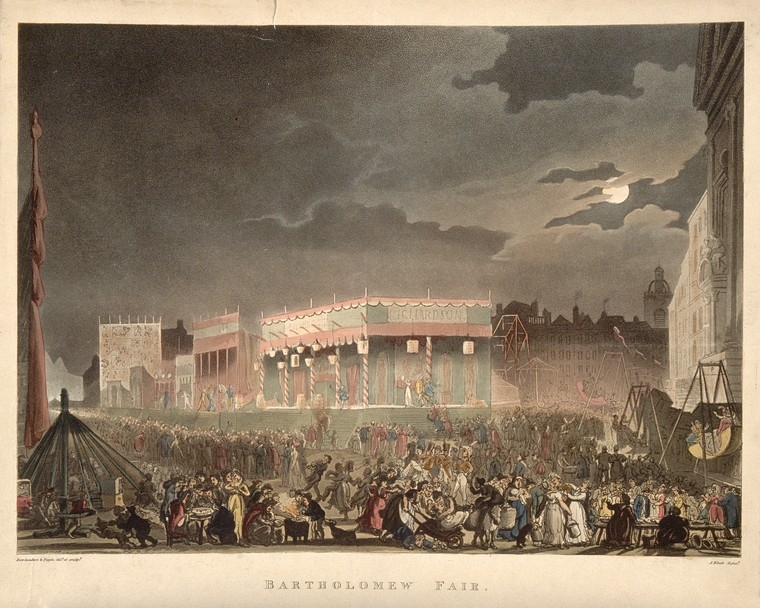 Colour illustration showing a large crowd of people gathered in an urban setting at night, with fair ground rides. The sky is dark and a full moon emerges from behind some clouds.