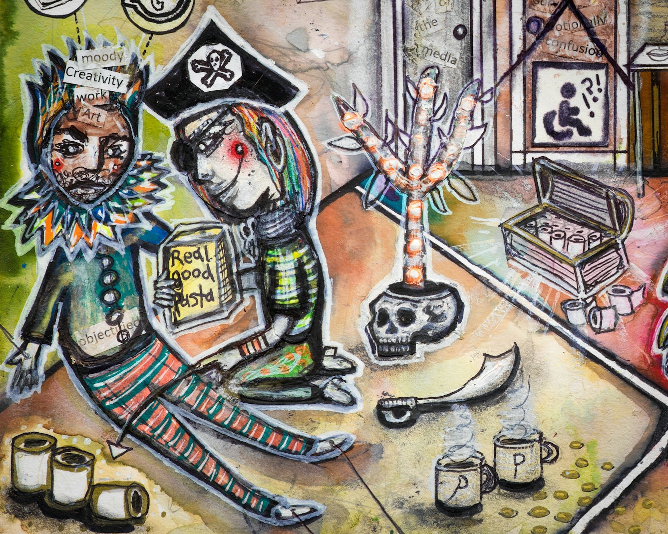Artwork using watercolour and ink incorporating collaged words throughout the scene. The artwork shows a busy multi-coloured household room. A man dressed in a ruff and a crown sits against a wall looking tired with various icons including a disabled symbol with a wheelchair, as well as those belonging to social media joined by dotted lines above his head. On his crown are the words ‘moody’, ‘creativity’, ‘work’ and ‘art’, while on his chest is the word ‘objectified’. Kneeling beside him, another person dressed as a pirate, holds a box of pasta.