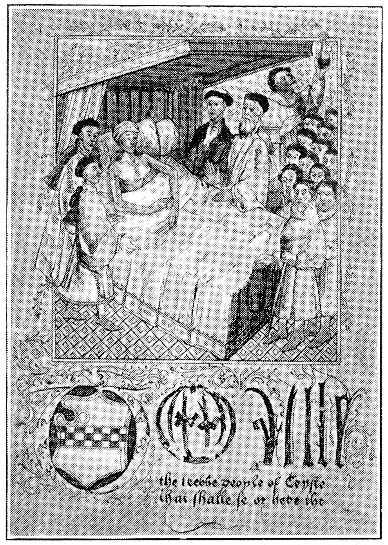 Black and white illustration of a man lying in bed surrounded by a group of men in clerical dress