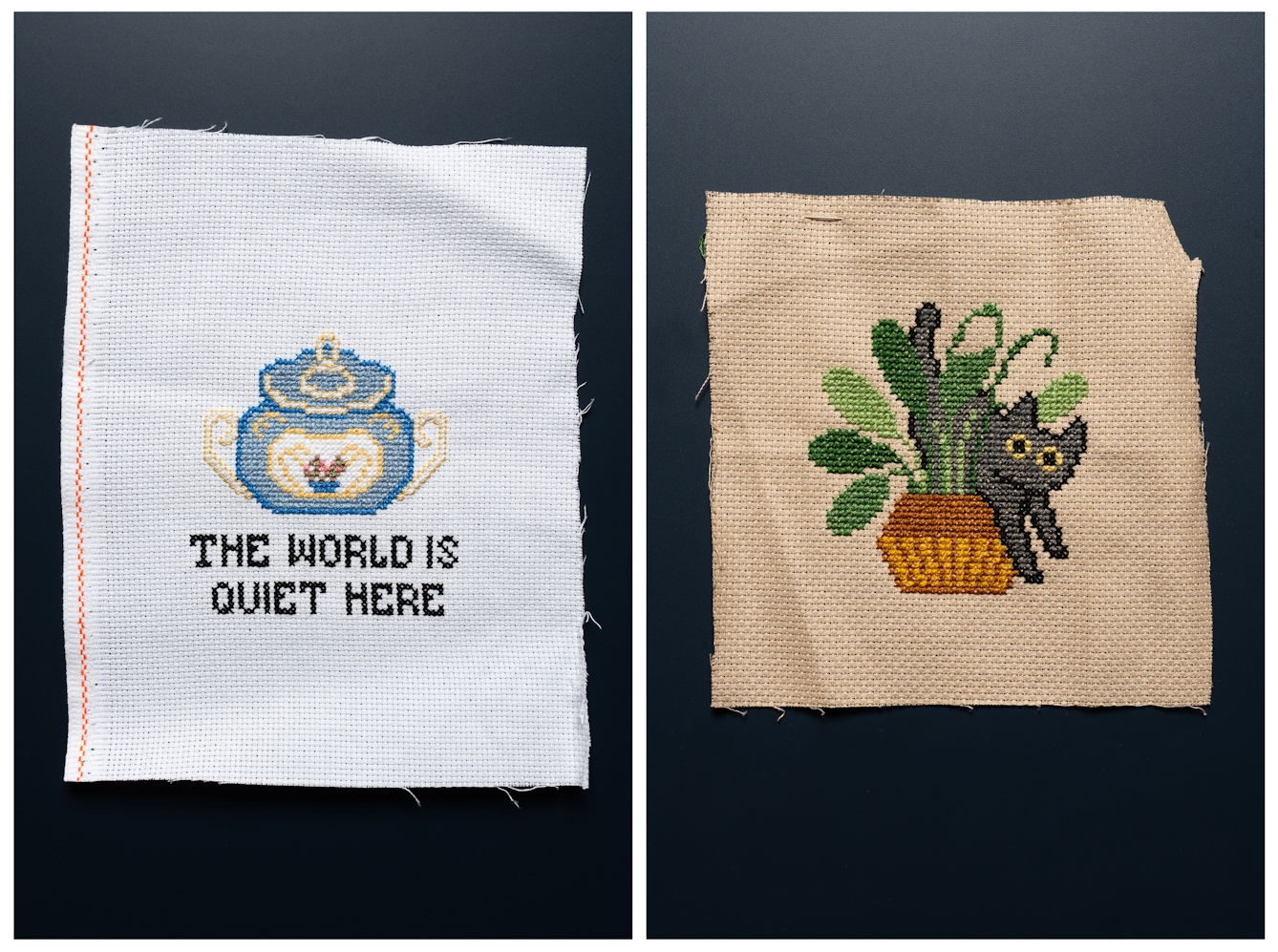 Two photographs placed next to each other showing completed cross-stitch patters. The left is of a small ceramic pot and the words 'the world is quiet here'. The one on the right depicts a small cat partially hidden by a pot plant.