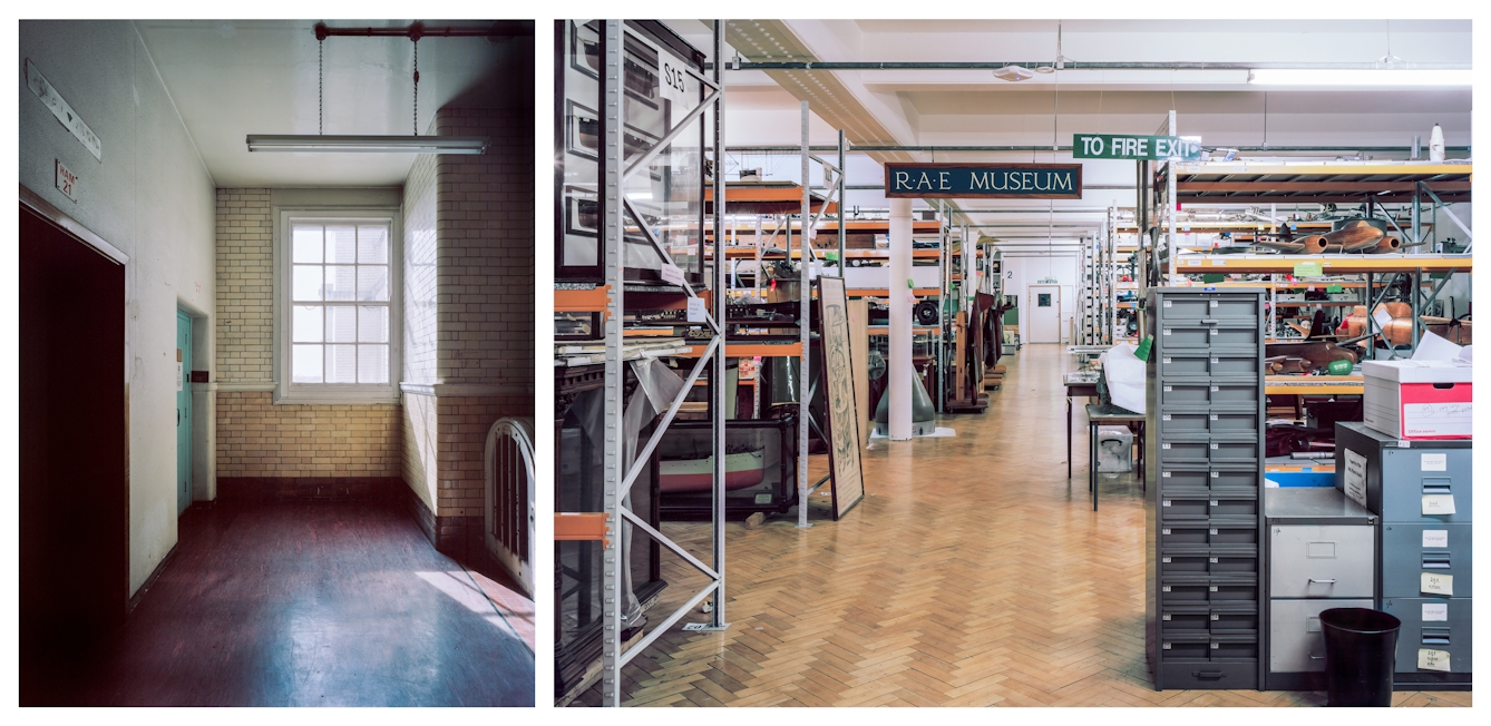 Photographic diptych. The image on the left shows a large window through which a shaft of sunlight streams in. The light illuminates a stairwell in a Victorian period building, with glossy beige tiled walls, a red laminate floor and doorways to a room and a lift. The image on the right shows a large windowless store room with wooden parquet flooring. Large racking shelving fills the room. Each shelf crammed with objects and crates and filing cabinets. A large sign titled 'RAE MSUEUM' hangs from he ceiling.