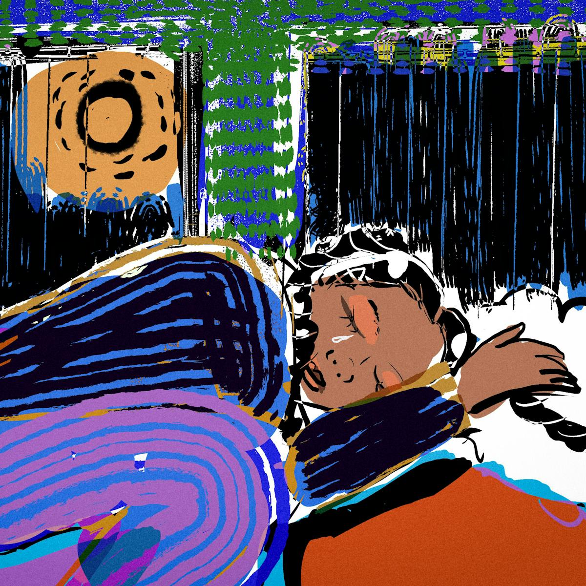 Colourful artwork. The image shows a young woman asleep in the foetal position, lying underneath a cover in her bedroom. Her hair is in two braids and her head is resting on a cloud. She looks calm. Through her bedroom windows the sun is shining. 