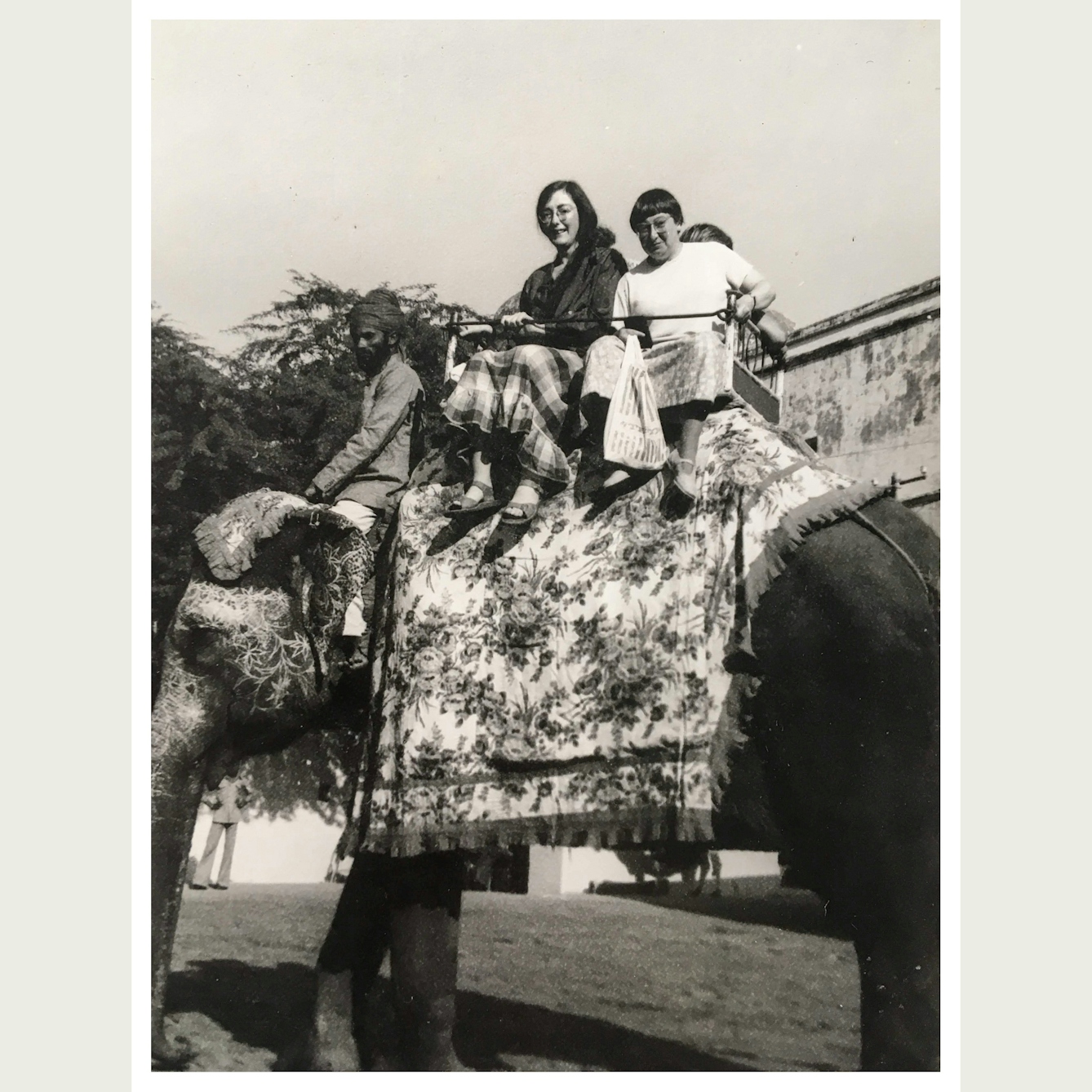 Black and white photograph showing 2 women sat on the back of an elephant, looking to camera. They are seated in a constructed seat which rests on a rug or blanket over the back of the elephant. Sitting on the elephant's neck is the 'driver'. He is also looking to camera.
