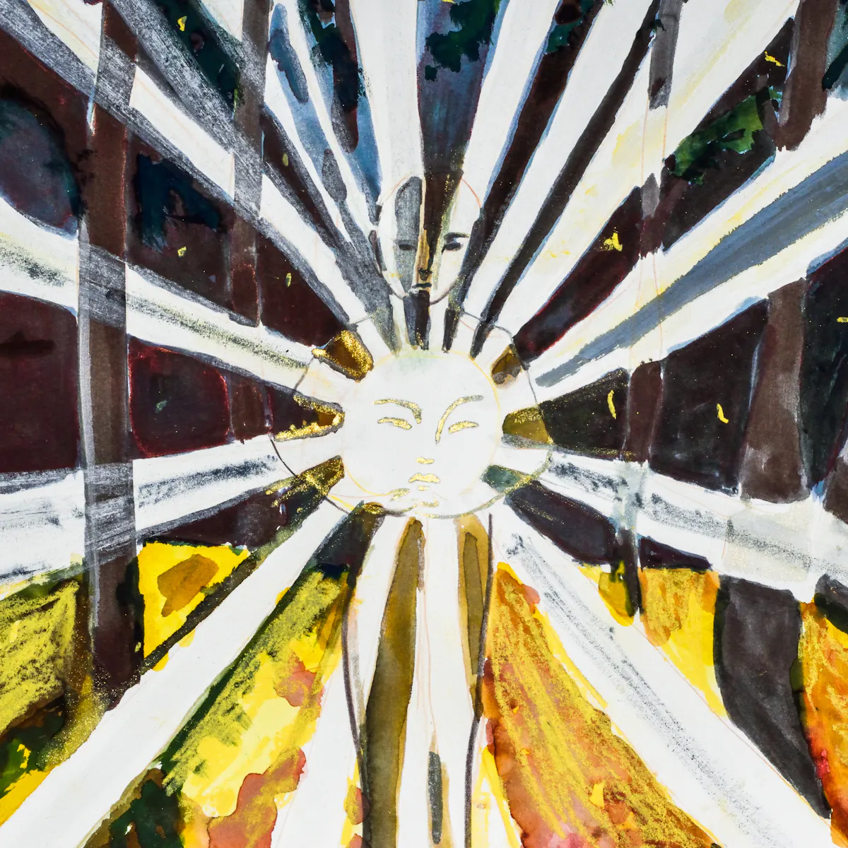 Painted artwork. The image shows a child standing at the centre, holding a sun. The sun has a face painted upon it, and the rays which emit from this are white and stretch diagonally to the edges of the painting. The child is standing in a forest, with several brown tree trunks and a yellow foreground. There is a night sky with stars behind the trees. The child's face is expressionless.