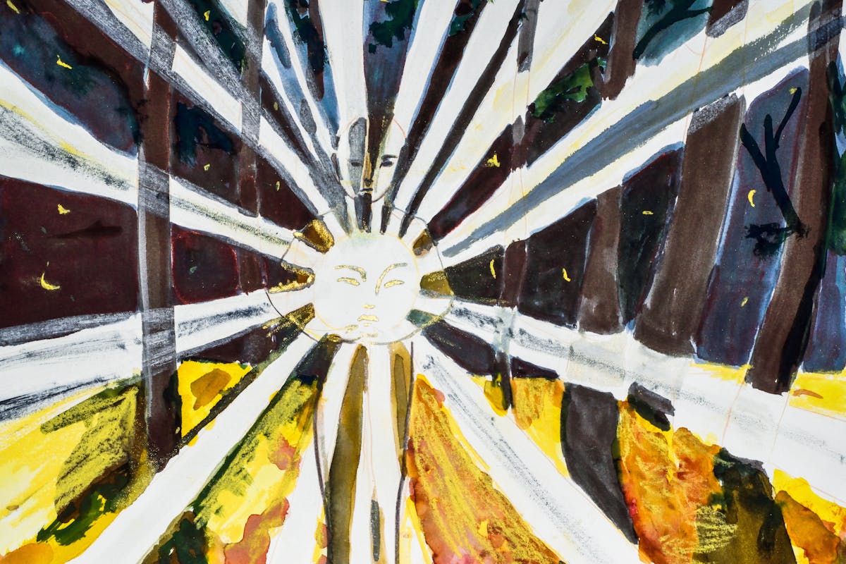 Painted artwork. The image shows a child standing at the centre, holding a sun. The sun has a face painted upon it, and the rays which emit from this are white and stretch diagonally to the edges of the painting. The child is standing in a forest, with several brown tree trunks and a yellow foreground.  There is a night sky with stars behind the trees. The child's face is expressionless. 