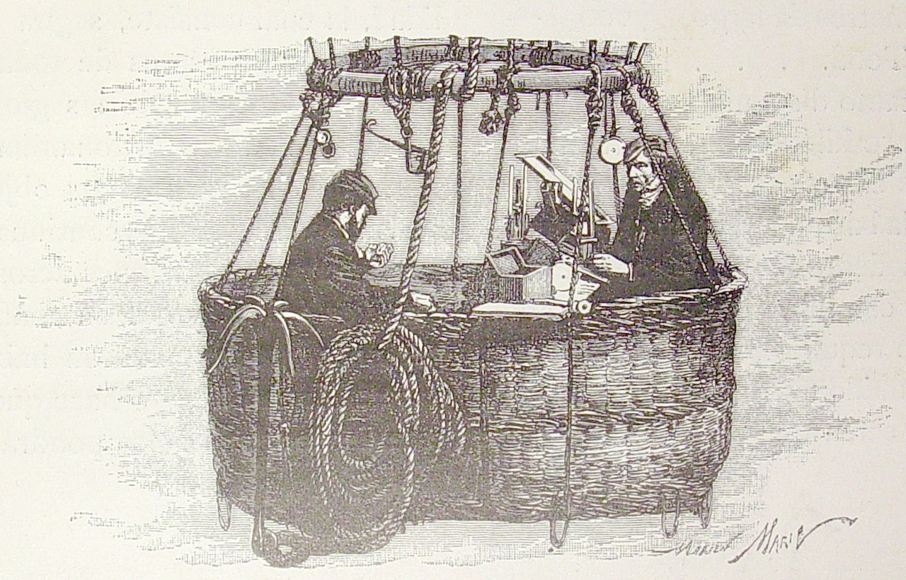 Etching showing two men sitting in the basket of a hot air balloon, surrounded by scientific equipment.