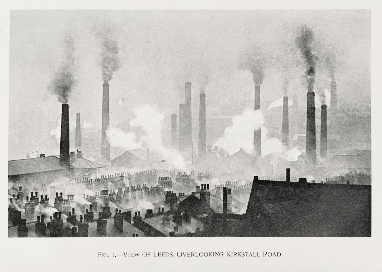 View over Leeds, showing smoking chimneys.