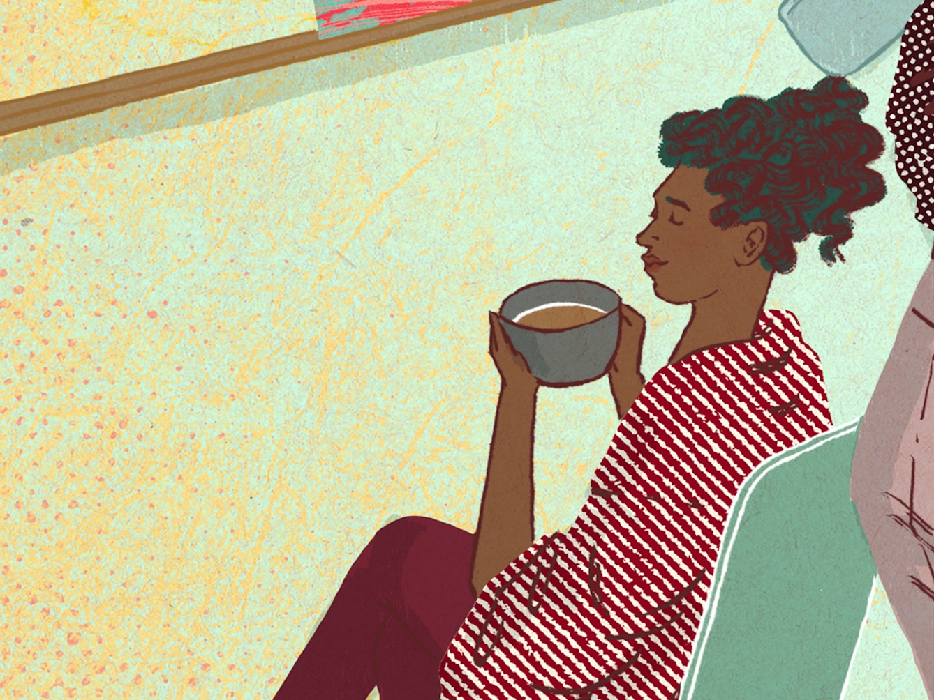 A digital illustration of someone in a café. They are relaxing by themselves while drinking from a large coffee cup, they are sat back with their eyes closed.