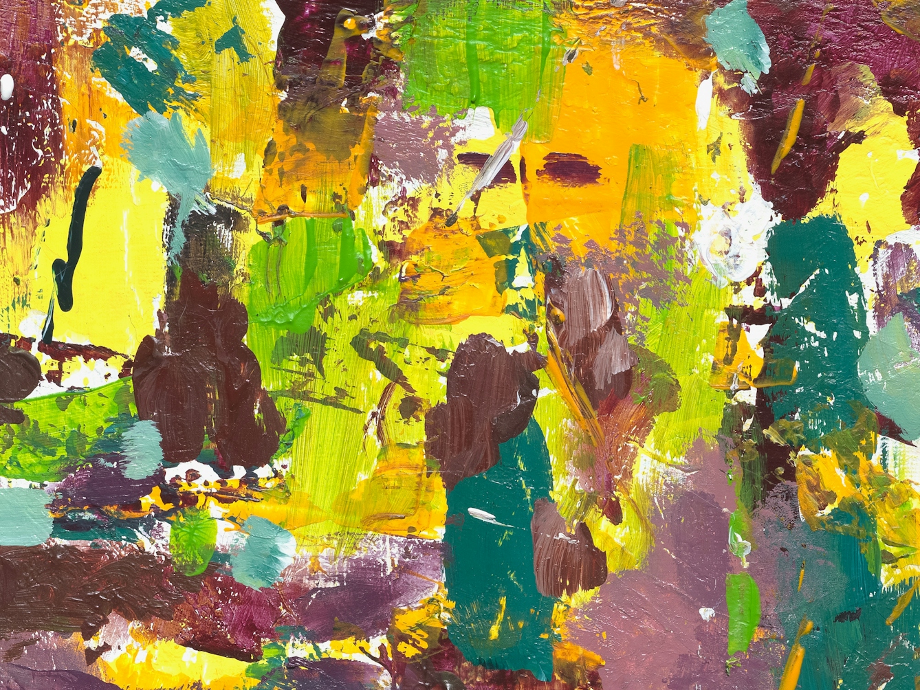Photograph of close-up detail of a larger abstract expressionist painting  utilising acrylic paint on a rectangular canvas in landscape orientation, titled 'Boundaries'. The artwork explores themes of setting clear boundaries, giving consideration to our privacy, and potential oversharing.

A vast majority of the canvas surface contains harmonious marks and gestures of earthy tones - including yellow, green, teal, burgundy, brown, orange and white. It's akin to a dense, blooming meadow of various plants and flowers. 