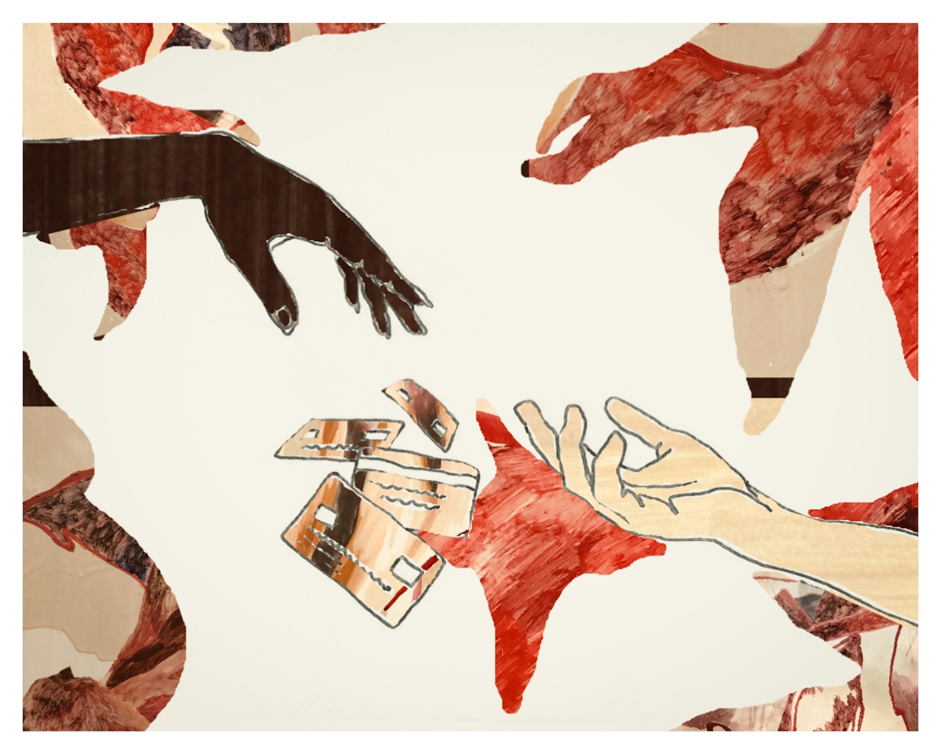 Digital artwork made up of collage elements, line drawing and textured patterns. The artwork depicts two hands reaching out towards each other, one is a dark skin tone and the other lighter. Falling between their fingers are 4 credit cards which seem to be tumbling through the air. Surrounding the hands are collaged textured shapes.The tones of the artwork are creams, rusts, browns and reds.
