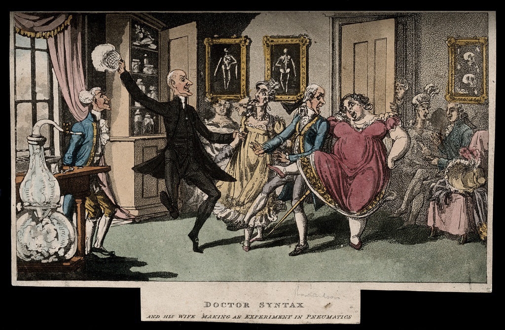Colour print of a lively gathering in a 19th century doctor's house. Scientifc equipment is arranged on the shelves and prominent on a table is a large glass vessel for inhaling gas. Two men and two women dance in the centre of the room, the doctor dressed in black waves his wigh in the air. A large young woman acosts a servant while dancing with her skirts raised scandalously above her ankles. A sedate couple sit behind this group in conversation and another servant and maid stand smiling in attendance.