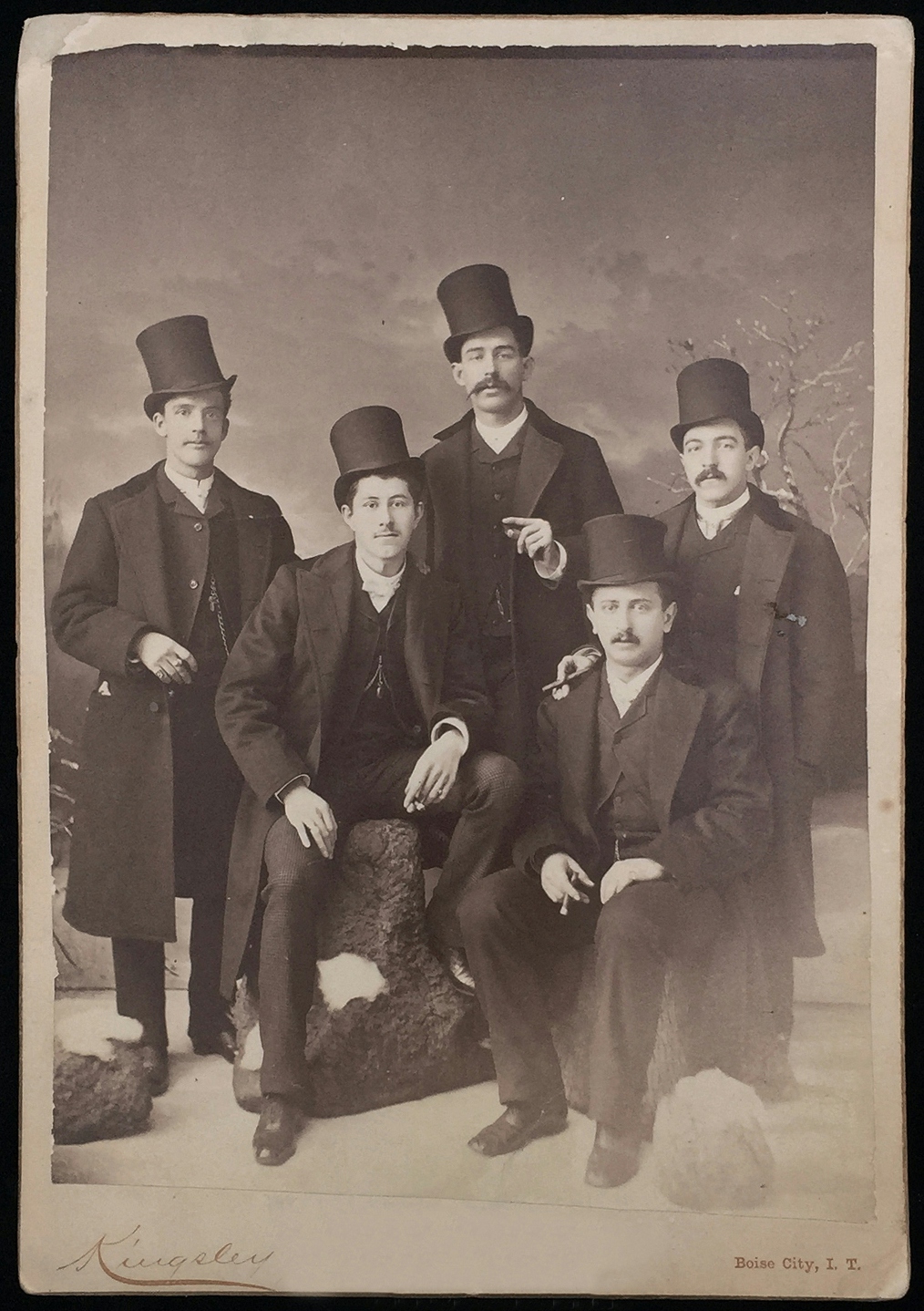 Five well-dressed men in beaver felt top hats, 1886.