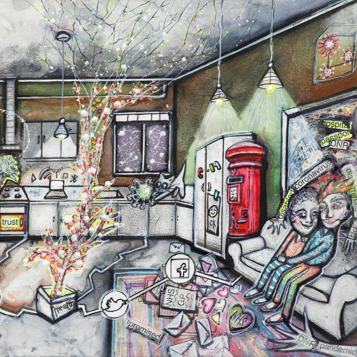 Artwork using watercolour and ink incorporating collaged words throughout the scene. The artwork shows a busy multi-coloured room separated by jagged white lines drawn across the floor incorporating social media icons in circles. In the background, there are kitchen cabinets, and windows beyond one of which there are people with coronavirus heads. On a fridge with a no access sign and a wheelchair within it, stands a screen with the letter ‘N’. Red ‘N’ letters float in the air around it. On the worktop a cat plays with a coronavirus. In the front left hand corner of the image is a wheelchair, and above it on the wall rainbow coloured pictures. In the middle of the room, a colourful tree reaches the ceiling causing cracks to appear in it. On the right hand side of the image there is a red post box, and beside it a couple sit on a sofa cuddling with mail and love hearts around their feet. On the wall a picture frame has the words ‘DNR’, ‘hospital’ and ‘passport’. Two arms with ‘corona virus’ on them, reach out from the picture frame attempting to embrace the couple, as does another arm from the right hand corner of the image with the word ‘pandemic’ on it. 