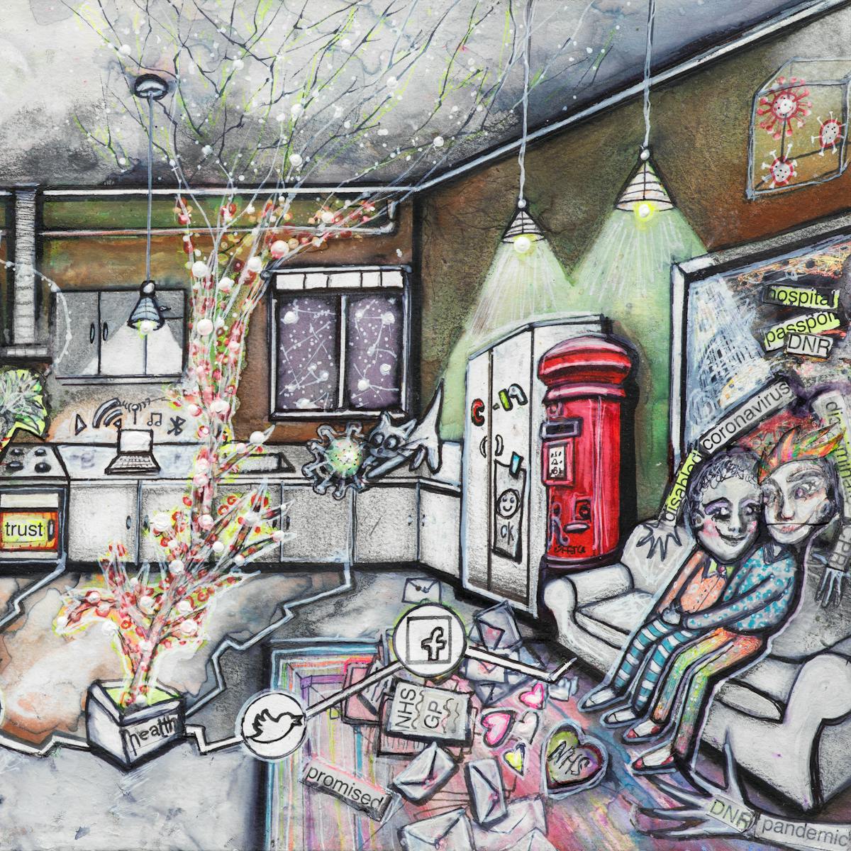 Artwork using watercolour and ink incorporating collaged words throughout the scene. The artwork shows a busy multi-coloured room separated by jagged white lines drawn across the floor incorporating social media icons in circles. In the background, there are kitchen cabinets, and windows beyond one of which there are people with coronavirus heads. On a fridge with a no access sign and a wheelchair within it, stands a screen with the letter ‘N’. Red ‘N’ letters float in the air around it. On the worktop a cat plays with a coronavirus. In the front left hand corner of the image is a wheelchair, and above it on the wall rainbow coloured pictures. In the middle of the room, a colourful tree reaches the ceiling causing cracks to appear in it. On the right hand side of the image there is a red post box, and beside it a couple sit on a sofa cuddling with mail and love hearts around their feet. On the wall a picture frame has the words ‘DNR’, ‘hospital’ and ‘passport’. Two arms with ‘corona virus’ on them, reach out from the picture frame attempting to embrace the couple, as does another arm from the right hand corner of the image with the word ‘pandemic’ on it.