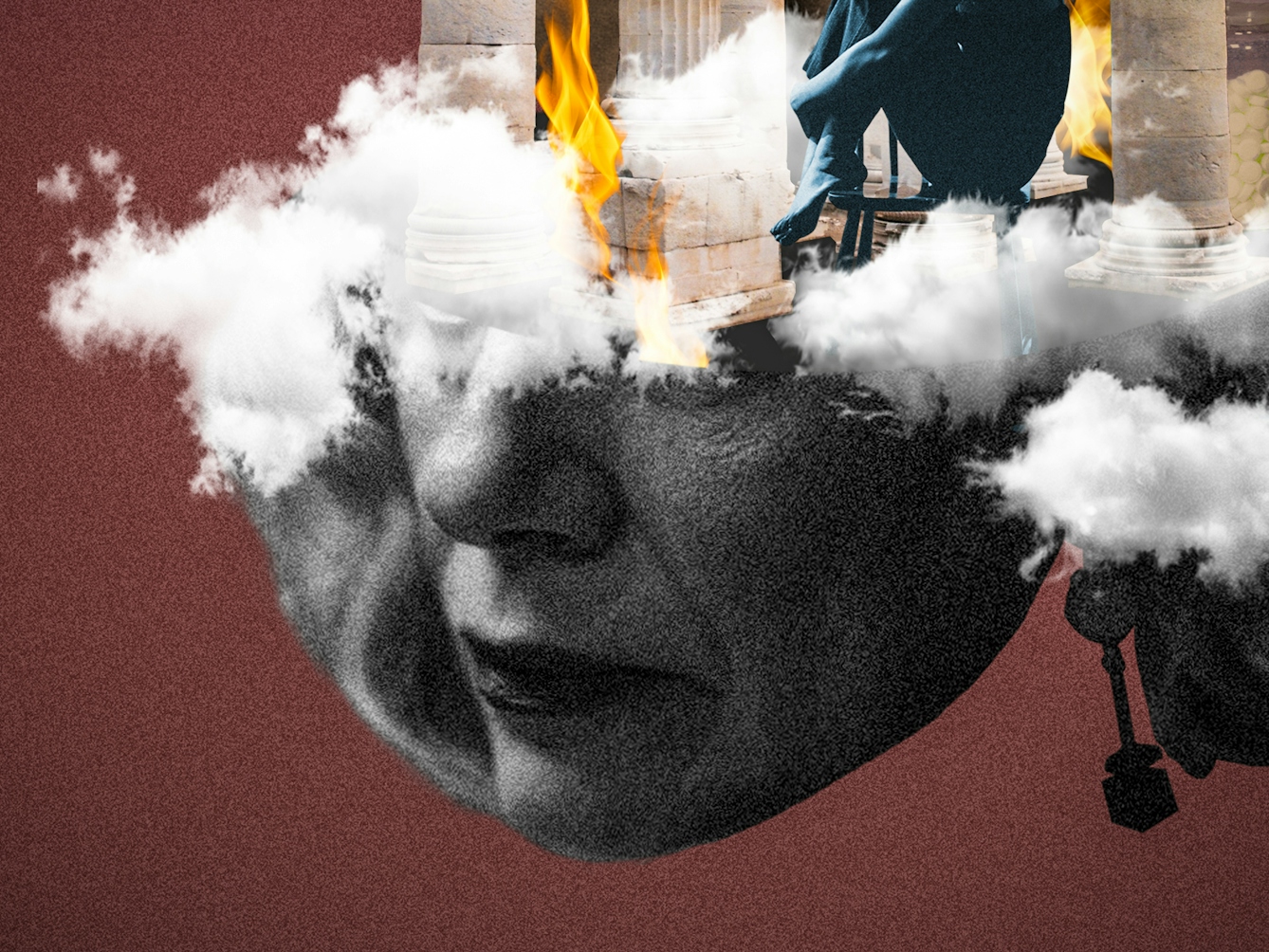 Detail from a larger digital collage artwork made up of red and black and white hues. At the centre is a cluster of collaged elements. Beneath a groups of fluffy white clouds is the lower half of the head and face of an older woman.