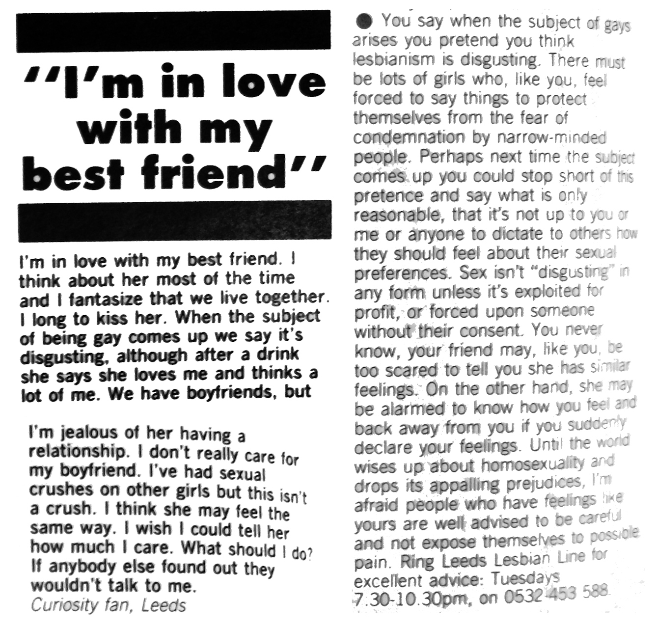 An image of a problem page in which "Curiosity fan, Leeds" explains that she's in love with her best friend and jealous of her friend's boyfriend, and the advice columnist says that 'sex isn't "disgusting" in any form unless it's exploited'.