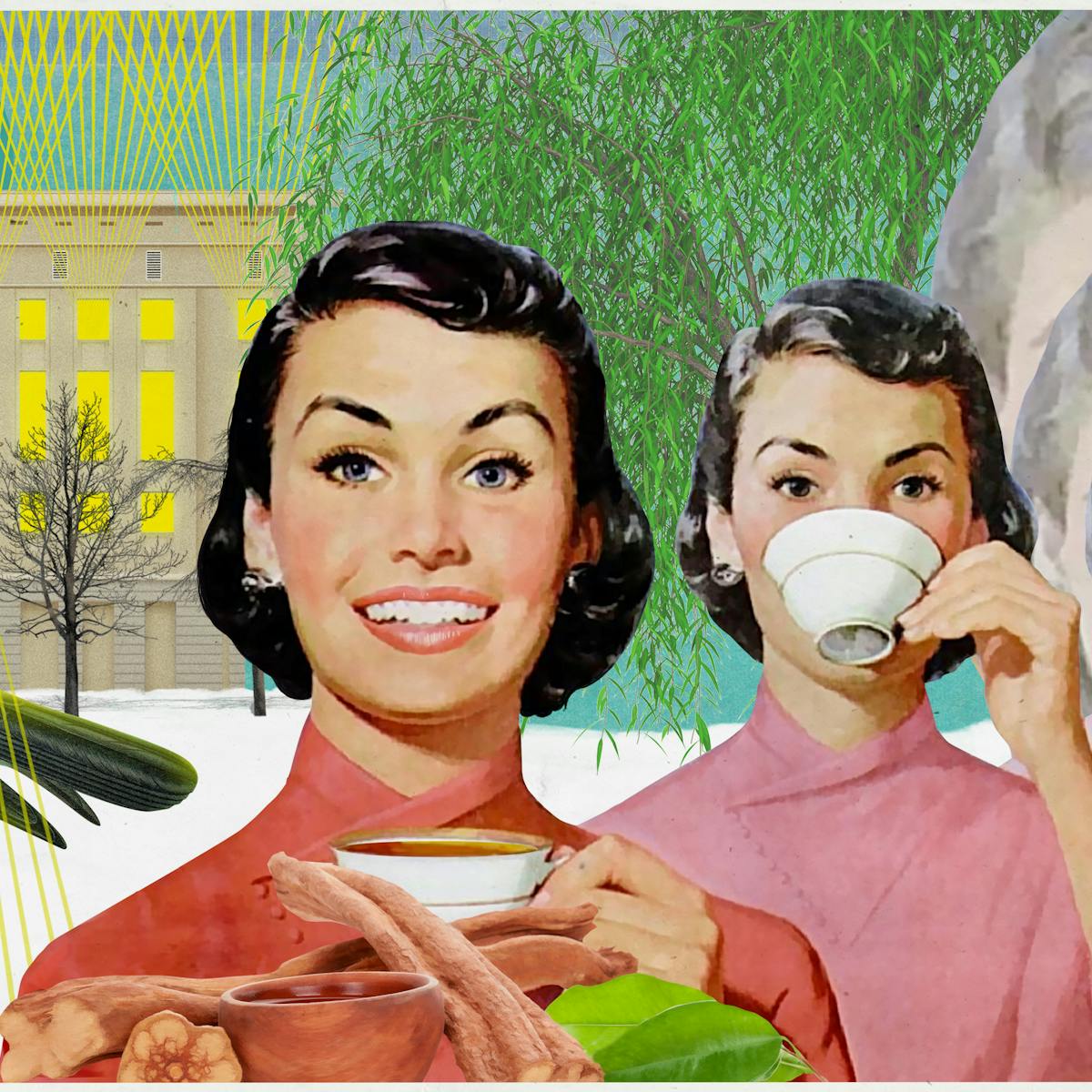 Mixed media digital artwork combining found imagery from vintage magazines and books with painted and textured elements. The overall hues are greens, yellows and pinks. At the centre of the artwork is a woman with short black hair wearing a red/pink Kimono. She is pictured from the shoulders up. In her left raised hand is a white china teacup. She is smiling broadly, looking straight at the viewer. In front of her are brown sticks of the ayahuasca plant and several green leaves. Behind the woman in the background to the right is a large tree in full green leaf.
To the right, the same woman is repeated several times. In the first duplication she is slightly paler in tone and the teacup is raised to her lips. To the right again, the duplicate woman is reduced in tone and scale and looking towards the viewer with a neutral expression, teacup I hand. In the centre of her forehead is an extra eye. Behind this figure, two further duplications disappear into the distance behind her, increasing in scale. To the left of the woman in the centre of the image is a crow in profile, stood on a rock with a white and red pill capsule in its mouth. Behind the crow is a snowy scene surrounding a large industrial building. The lights inside the building are bright yellow with fans of laser lights shining out of the windows into the sky and towards the viewer over the back of the crow. 
