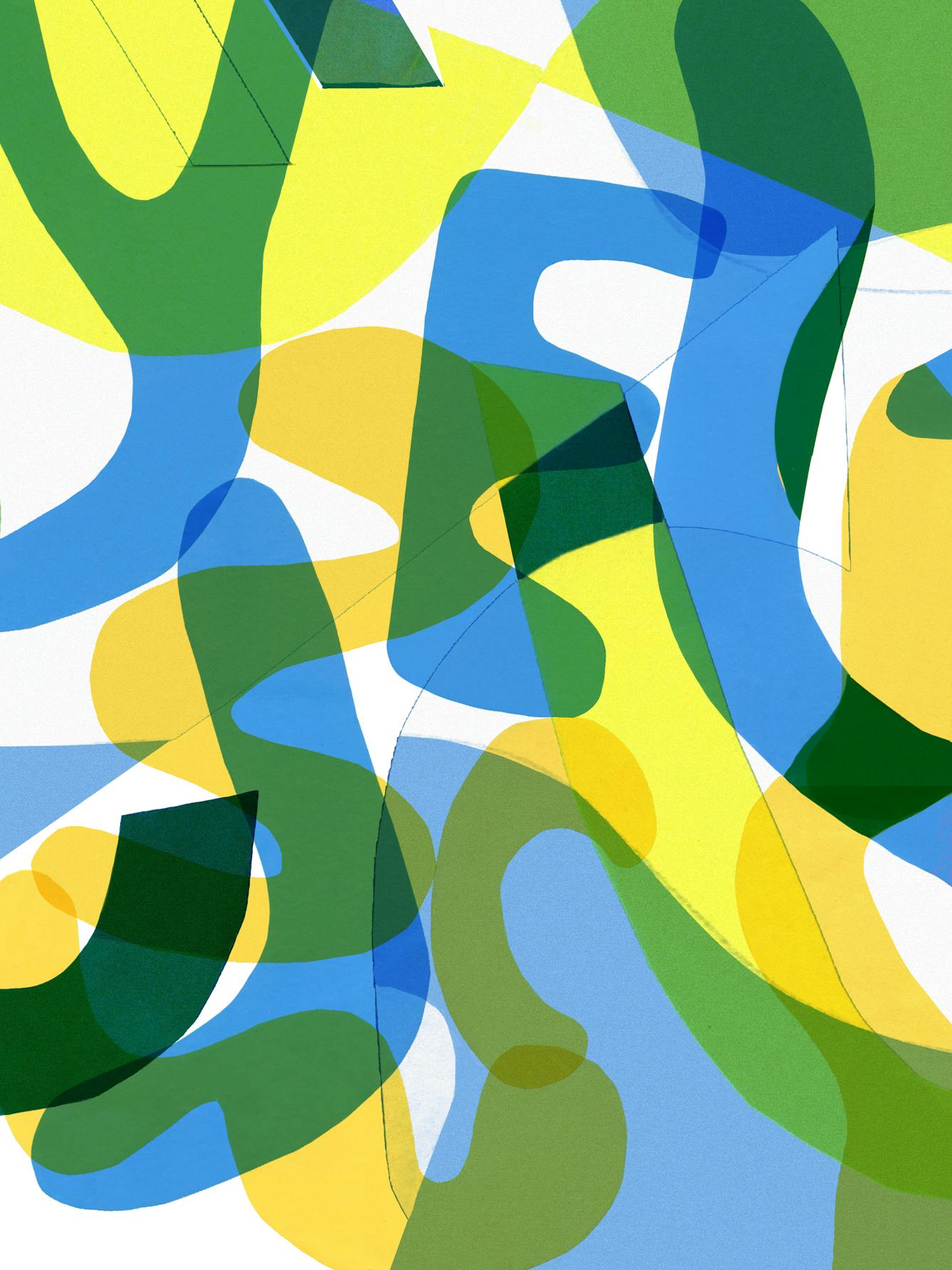 Abstract colourful artwork. The artwork has a white background with abstract letter shapes laid across the background, blurring into each other. The letters are in a variety of colours: yellow, blue and green. The colours blend into one another. 