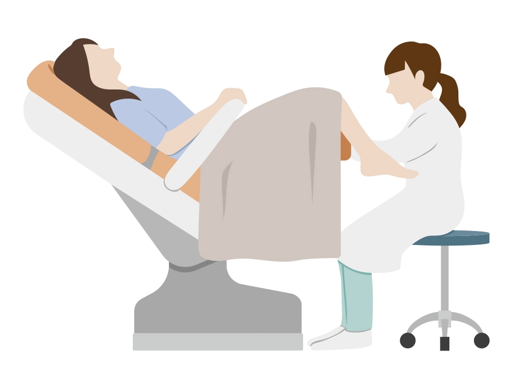An internal vaginal examination. The patient lies back in a raised chair with legs open., while a health worker seated on a stool between the patient's open legs conducts the examination.
