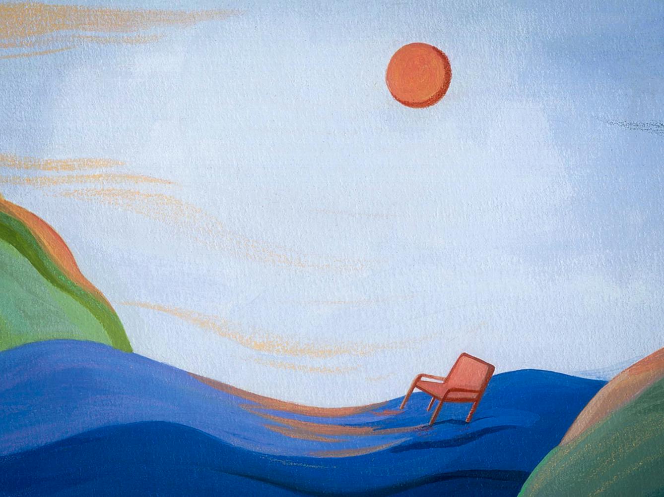 Detail from a larger painted artwork with vivid saturated colours. The scene shows landscape with a blue river running through the middle of green, tree and grass covered banks. Floating in the middle of the river is a lone red chair, bobbing about beneath a blood red sun in the blue sky.