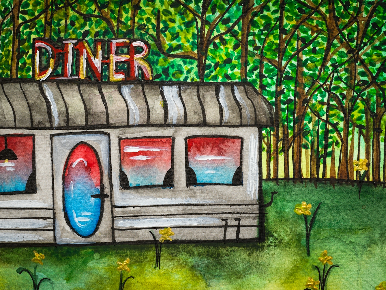 Detail from a larger colourful artwork. The artwork shows a grey building with a sign reading 'Diner' attached to the roof. To the right there is a woodland and the grass is green with flowers growing.