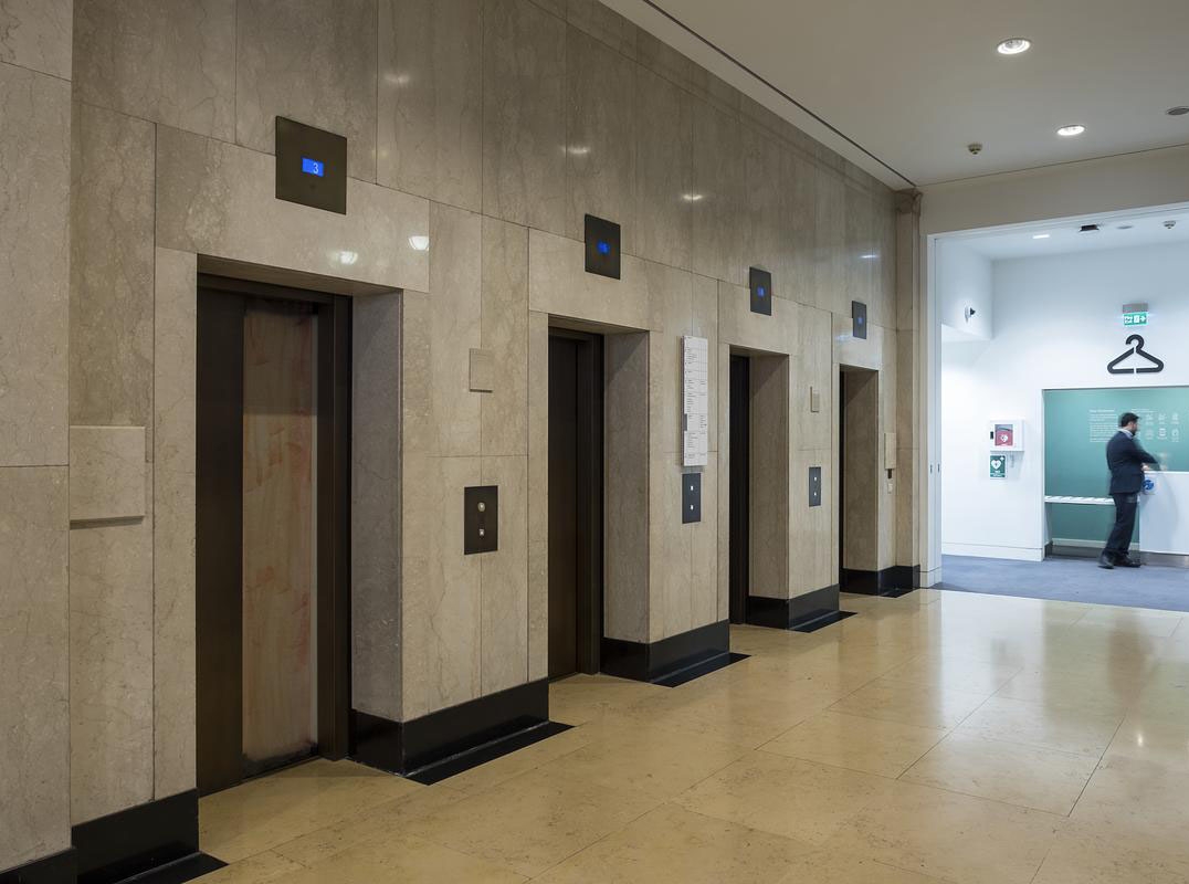 The four lifts in the Wellcome Collection building.