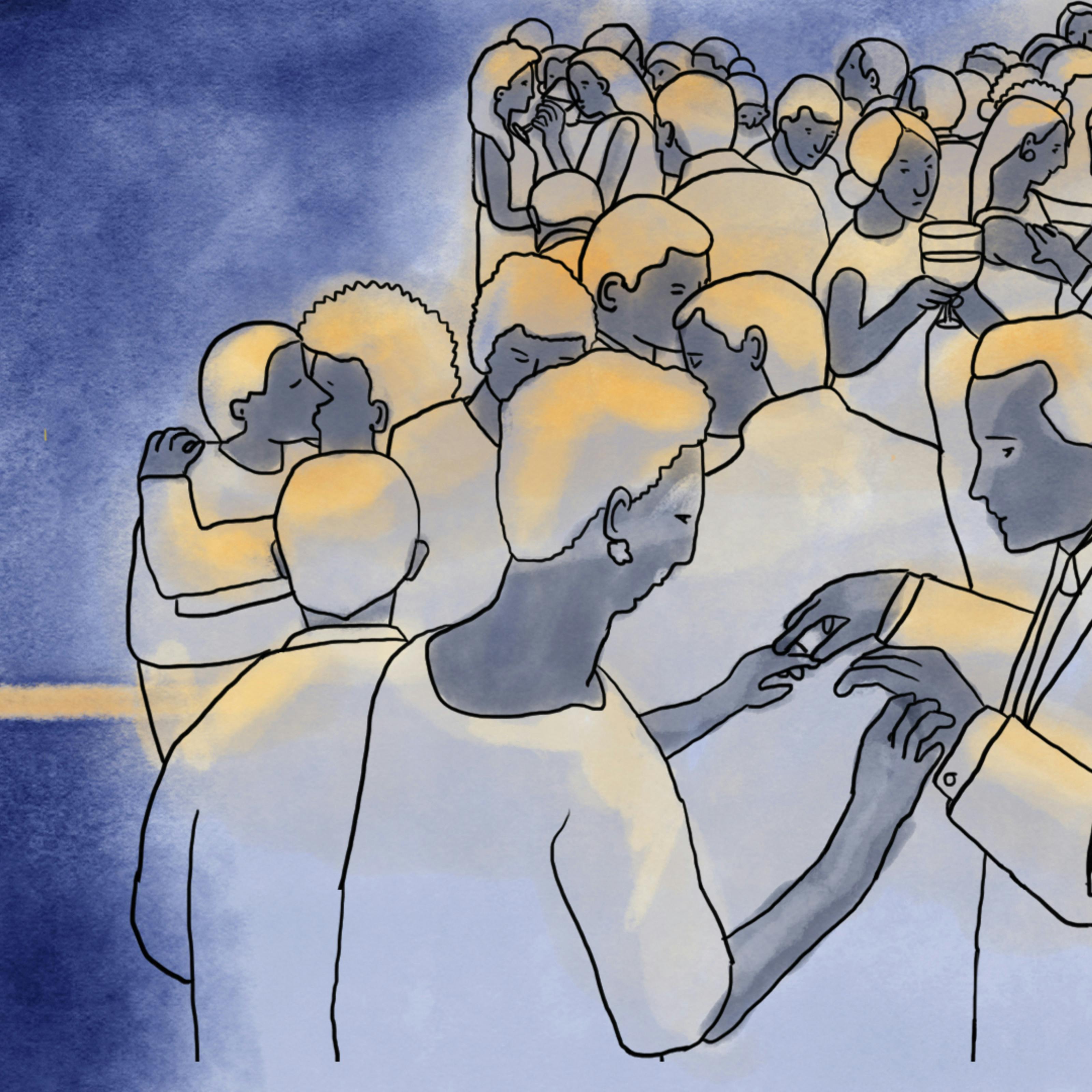 Illustration of a person standing isolated to the left facing towards a crowd of people interacting on the right.