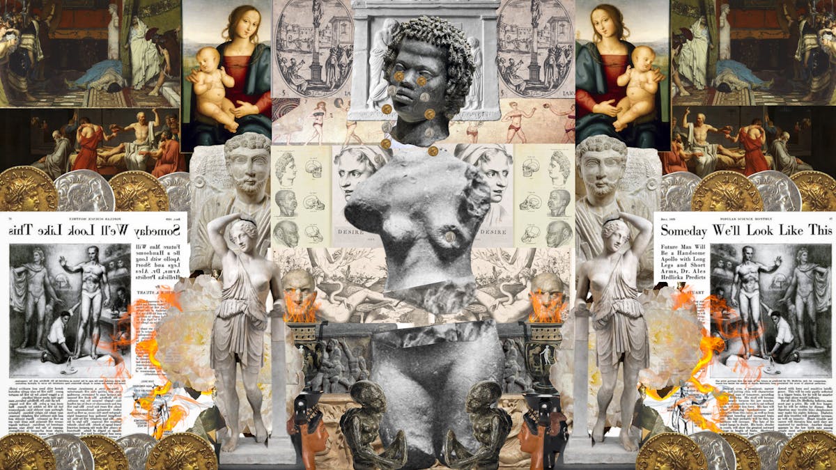 Digital montage artwork using a collage of archive material, photographs and paintings. The artwork is full of content comprising elements which have been cut-out and layered on top of each other and around each other. The overall theme of imagery is bodily depiction from the Roman and Ancient Greek periods. The collage has a symmetry with element on the left being mirrored and repeated on the right, sometime flipped and other times not. Central to the artwork is a composite torso and head. The head is Greek in origin and shows a neutral face with tightly curled hair. From their eyes gold and silver coins have been overlaid as if they are tears. The torso is a naked female stone statue, the left breast of which has a possible tumour. The material which surrounds this central figure is varied and included oil pairings, other statues, newspaper clippings, drawings from text books and coins, all representing the human form in one way or another.