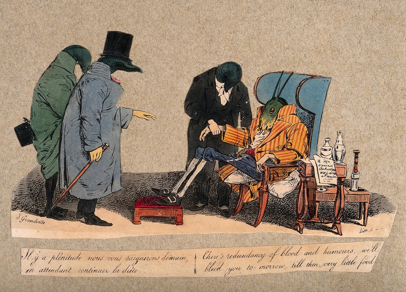 A coloured lithograph showing three leeches dressed in smart coats with canes and top hats attending a grasshopper sitting in an armchair surrounded by medicine bottles and wearing a stripy housecoat. One leech is taking the grasshopper's pulse at its wrist and the lettering underneath explains that they prescribe bleeding and a diet. 