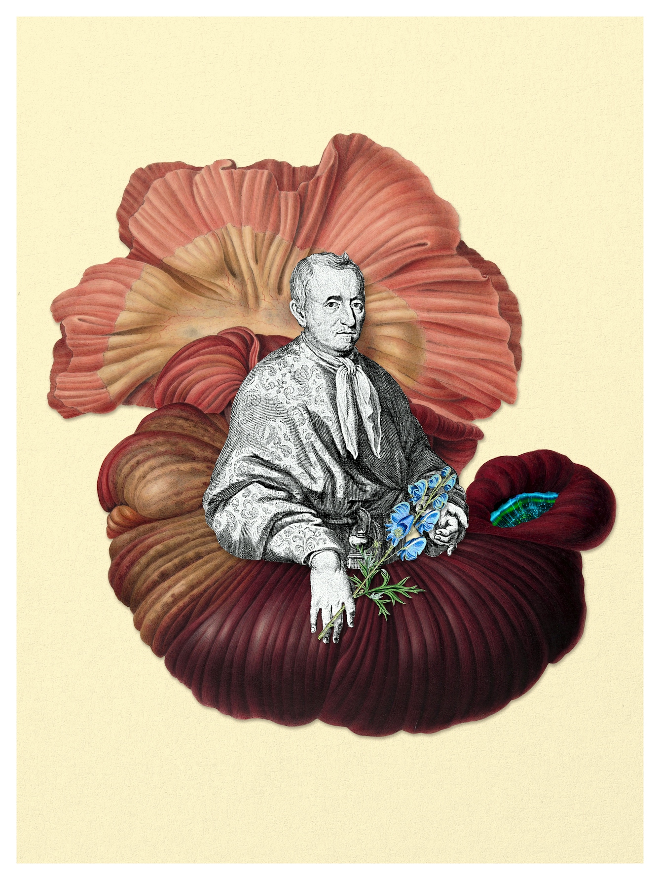 Digital collage of archival material.  A man is nested within an illustration of the gut, holding a wolfsbane plant and looking at the viewer.  In the cavity of the gut there is a small, universe like hole.