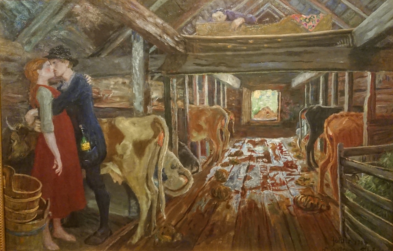 Colour image of a painting showing a cowshed in the corner of which a girl with a red smock and no socks or shoes is being kissed by a boy wearing a blue coat, dark hat and breeches, with a green bottle weighing down his pocket. 