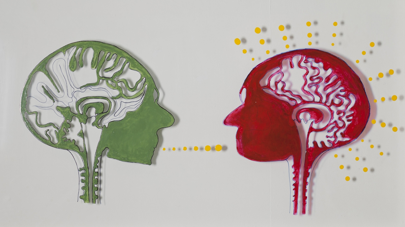 An artwork on perspex that illustrates the problems of understanding, recognition and communication for people suffering from Alzheimer's disease. The image features two heads, in side profile, with brains displayed, one green and one red. The red head belongs to someone with Alzheimer's, the green head belongs to their carer.