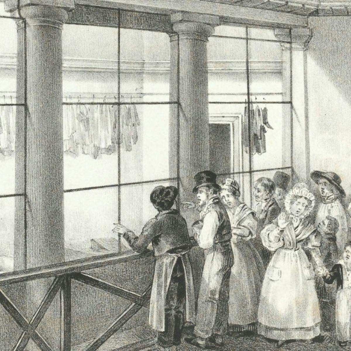 Black and white engraving of people in the 19th century viewing cadavers in a morgue in Paris