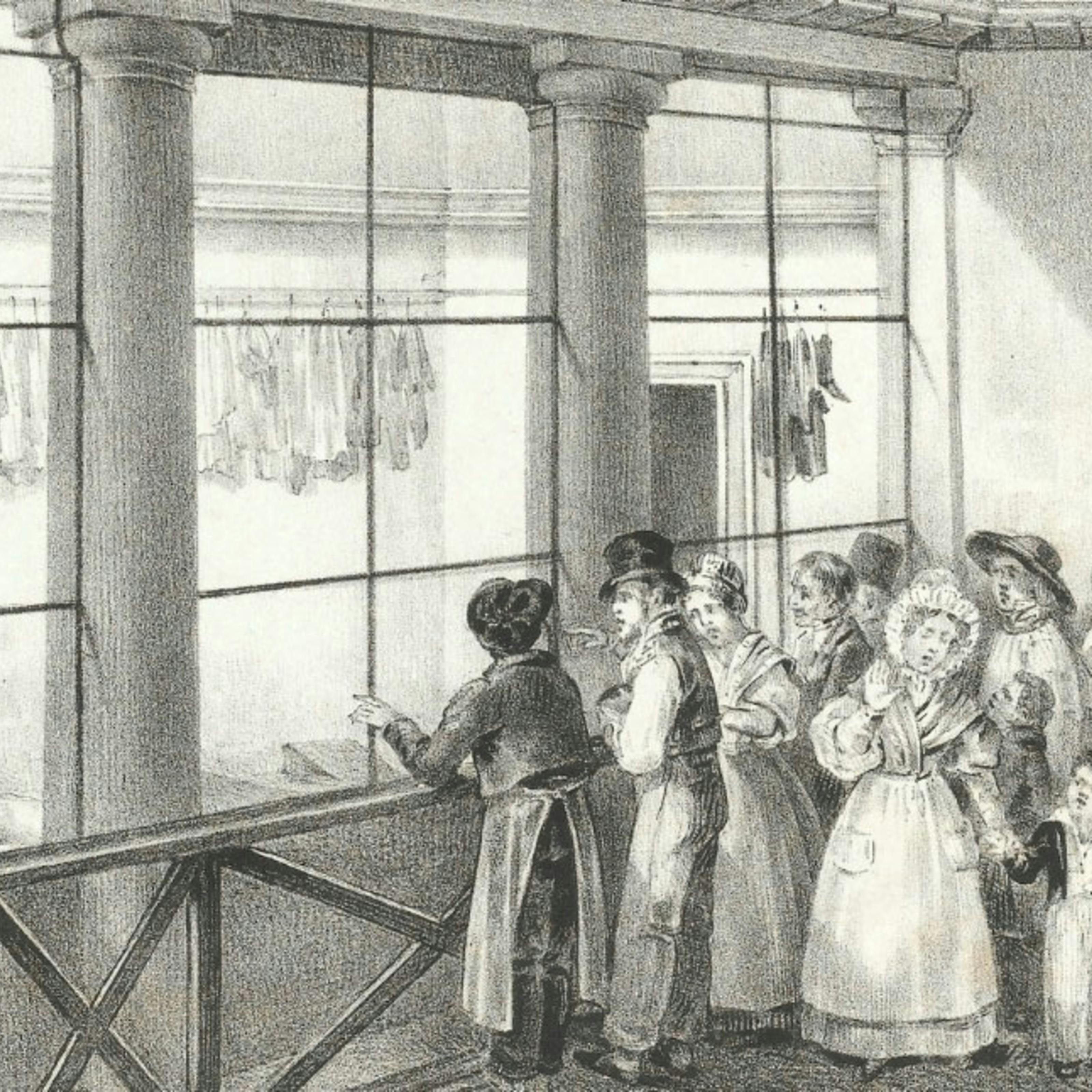 Черно-белая гравюра с изображением людей в XIX веке, смотрящих на трупы в морге в Париже.