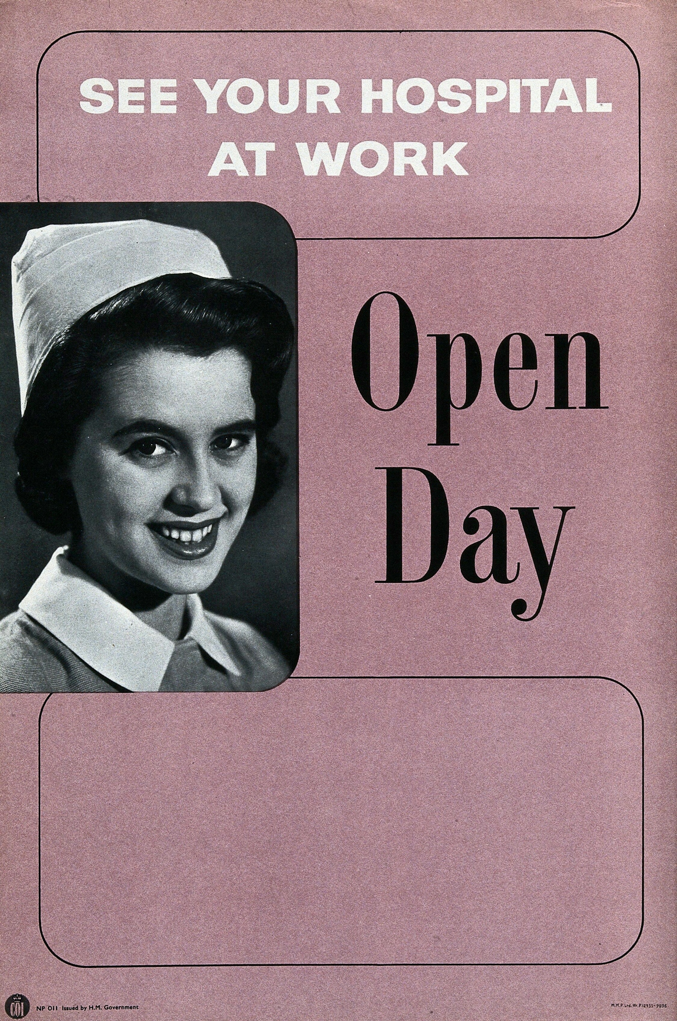 An information leaflet with a photo of a nurse's face and the text: See your hospital at work, open day