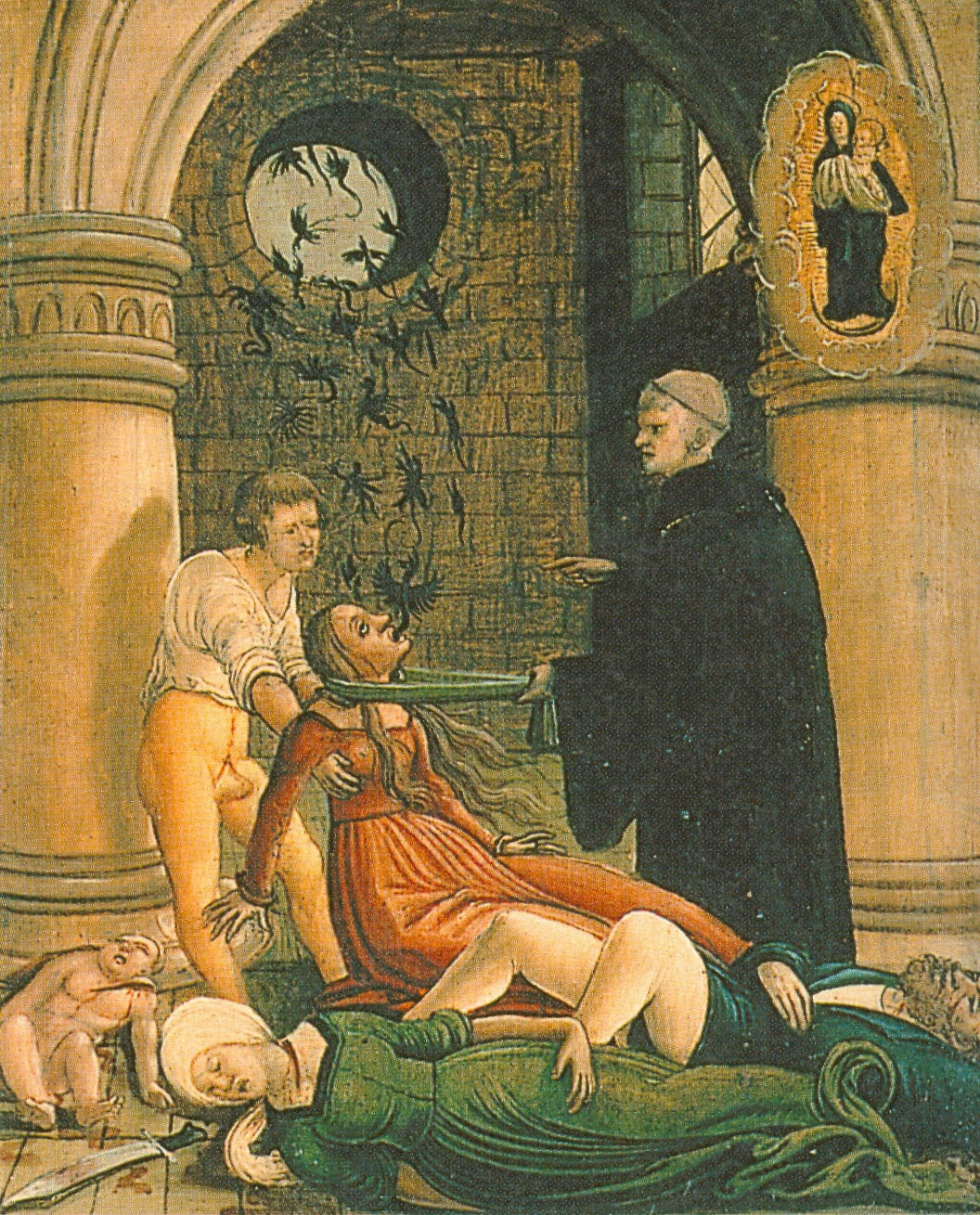 A woman has a priest's mantle around her neck and is held in place by the priest and another man whilst black winged creatures symbolising demons escape from her mouth and out of the window. Dead bodies of a baby, man, and woman are depicted below on the floor with blood and a knife.
