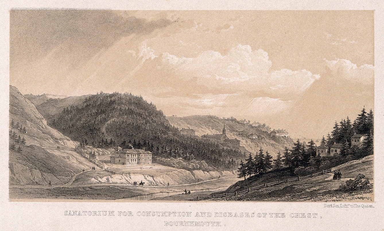 A sepia tinted lithographic print of a large building set in a rural landscape and wide open skies. A wooded his behind the building and open fields and hills are around it. People in Victorian dress are dotted around the landscape, waking, fishing and riding. Other buildings including a church with a spire are spread around in the hills behind.