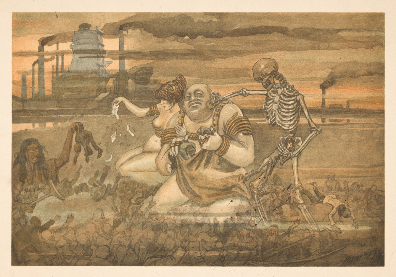 Watercolour painting of a semi naked man and woman kneeling in dirt next to a skeleton. Factory chimneys billowing smoke are in the background.