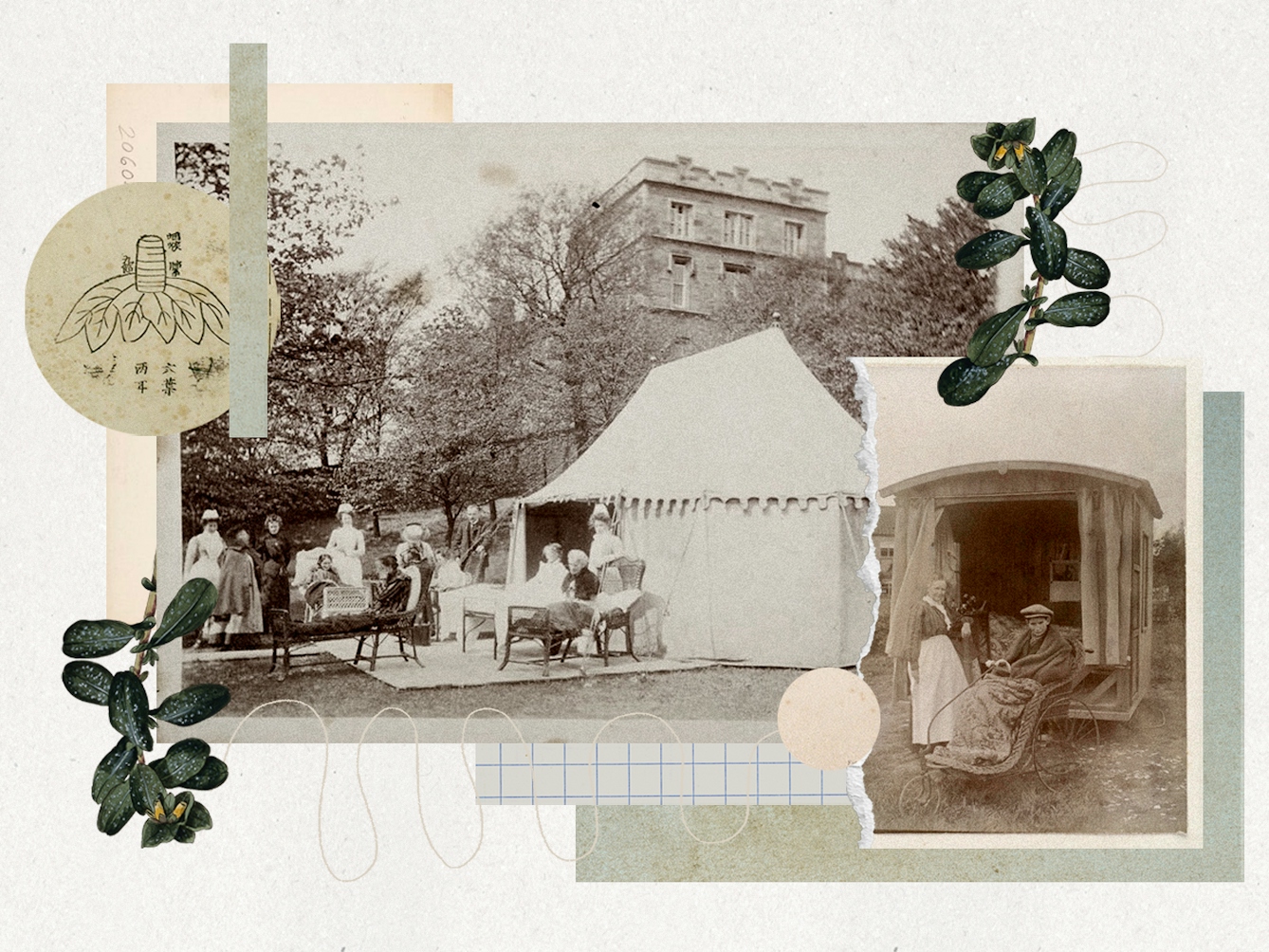 Digital montage artwork using a collage of archive material and photographs. The artwork is full of content comprising elements which have been cut-out and layered on top of each other and around each other. At the centre of the artwork are two archive photographs of a hospital grounds with ‘tent therapies’ where patients lie in beds outside next to a tent. Around these photographs are floral illustrations of leaves and flowers. All the elements are set on a light green textured paper background complete with a white graphic swirling line and a section of graph paper.